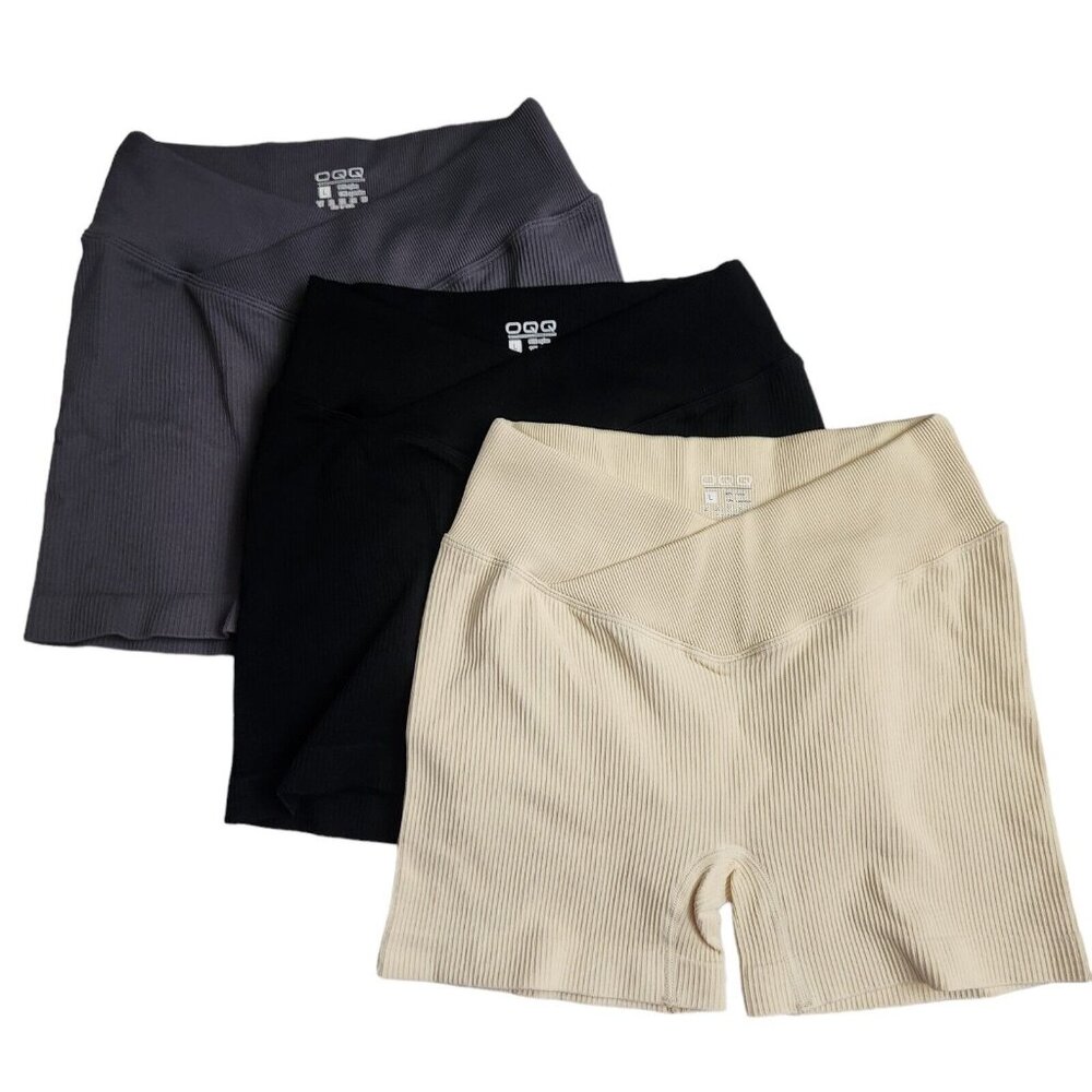 OQQ Women 3 Piece Yoga Shorts Ribbed V Shaped Black Grey Ivory